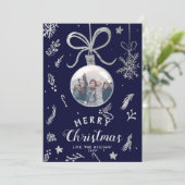 Moderne kerstbal foto zilveren illustratie feestdagenkaart (Staand voorkant)