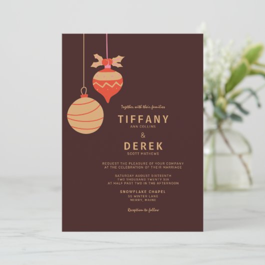 Moderne Kerstballen Bruiloft Kaart (Staand voorkant)