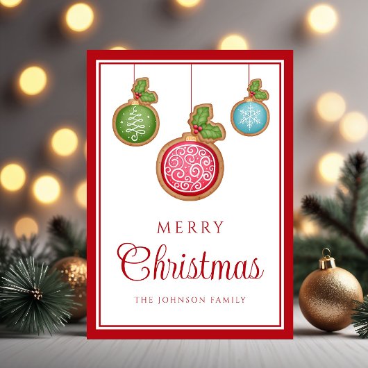 Moderne kerstballen van gemberkoek feestdagenkaart