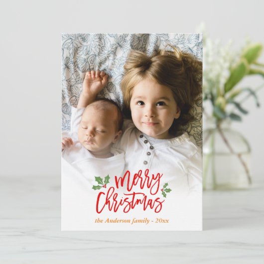 Moderne kerstbessen Snowflake Kinder foto Feestdagenkaart (Staand voorkant)