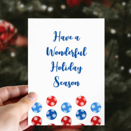 Moderne kerstblauwe en rode ornamenten feestdagenkaart