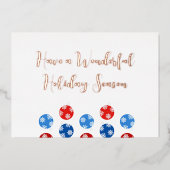 Moderne kerstblauwe en rode ornamenten folie feestdagenkaart (Voorkant)