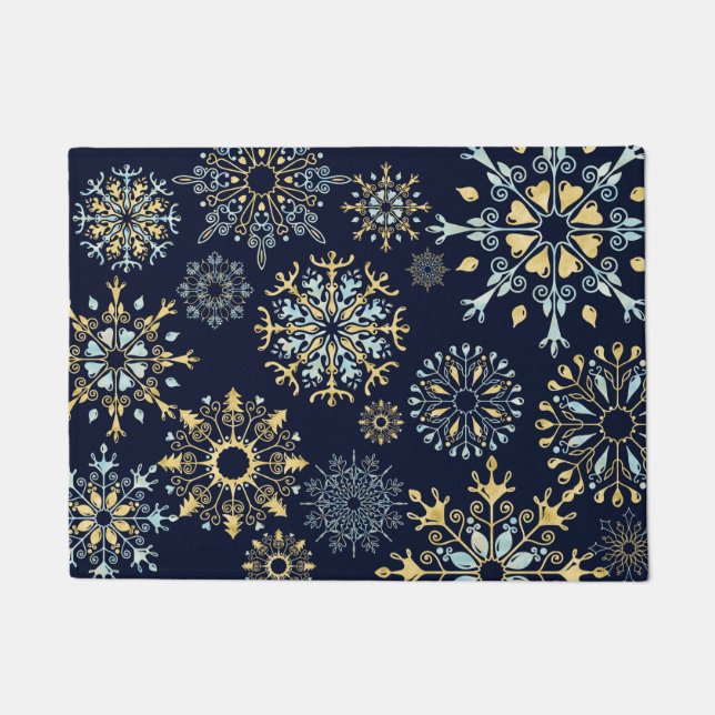 Moderne kerstblauwe waterverf Snowflake Deurmat (Voorkant)