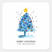 Moderne kerstblauwe Waterverf Vierkante Sticker (Voorkant)