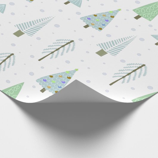 Moderne kerstbomen blauw groen patroon cadeaupapier (Hoek)