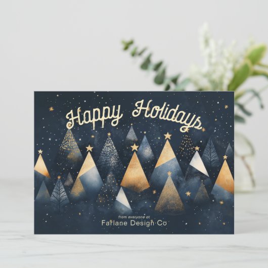 Moderne Kerstbomen Blauw Kleine Kantoor Zaken Feestdagenkaart (Staand voorkant)