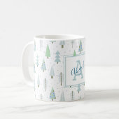 Moderne kerstbomen Blauwe Groene Monogram Koffiemok (Voorkant links)