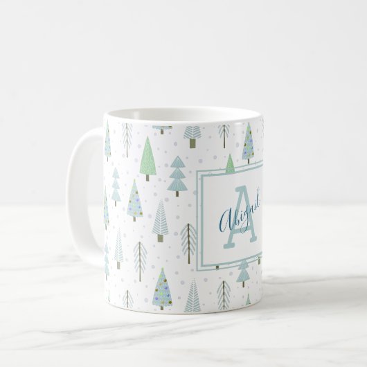 Moderne kerstbomen Blauwe Groene Monogram Koffiemok (Voorkant links)
