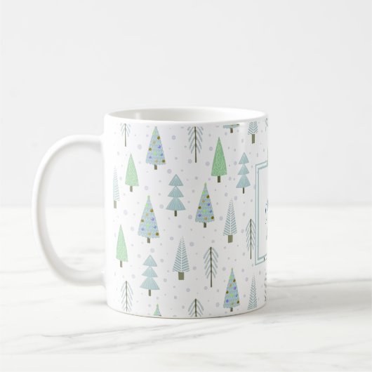 Moderne kerstbomen Blauwe Groene Monogram Koffiemok (Links)