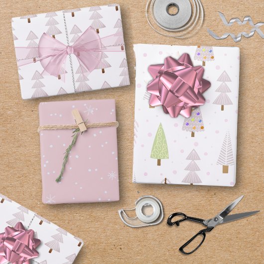 Moderne kerstbomen Blush Pink Pattern Trio Inpakpapier Vel