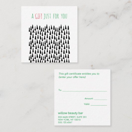 Moderne kerstbomen cadeaubon voor feestdag kortingskaartje (Voorkant / Achterkant)