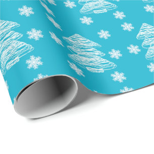 Moderne kerstbomen en sneeuwvlokken helderblauw cadeaupapier