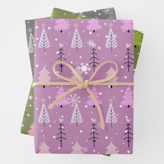 Moderne kerstbomen en sneeuwvlokken Kerstmis Inpakpapier Vel (In situ)