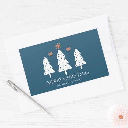 Moderne kerstbomen en sterren blauw rechthoekige sticker (Envelop)