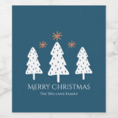 Moderne kerstbomen en sterren blauw wijn etiket (Enkel label)