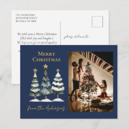 Moderne Kerstbomen Familie Foto Navyblauw Feestdagenkaart