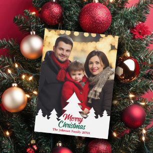Moderne Kerstbomen Familie Foto Rood Feestdagenkaart