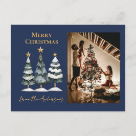 Moderne kerstbomen Familiefoto Marine Blauw Feestdagenkaart