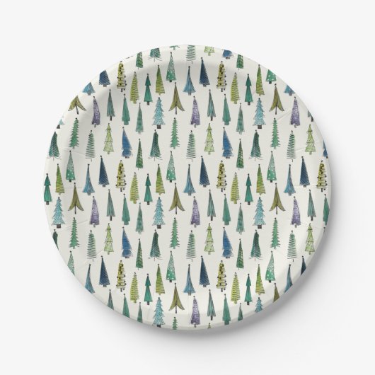 Moderne Kerstbomen Geïllustreerd Patroon Papieren Bordje (Voorkant)
