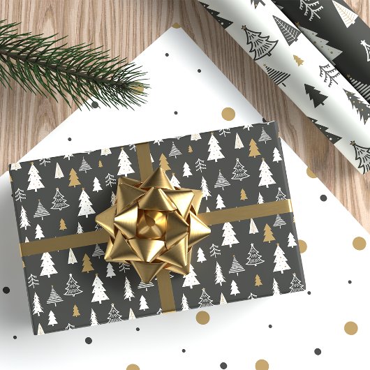 Moderne kerstbomen Goud en grijs patroon Inpakpapier Vel