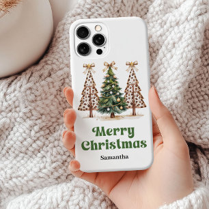 Moderne kerstbomen groen gouden luipaardpatroon  iPhone 15 mini hoesje