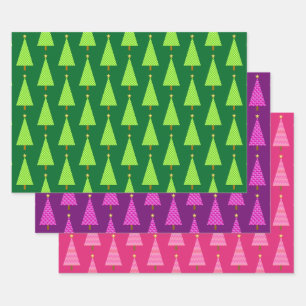 Moderne kerstbomen, groen, Paars, roze wrappi Inpakpapier Vel