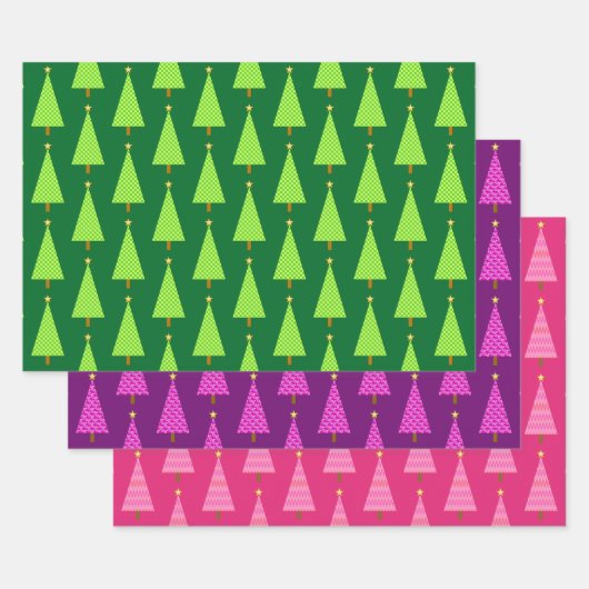 Moderne kerstbomen, groen, Paars, roze wrappi Inpakpapier Vel (Set)