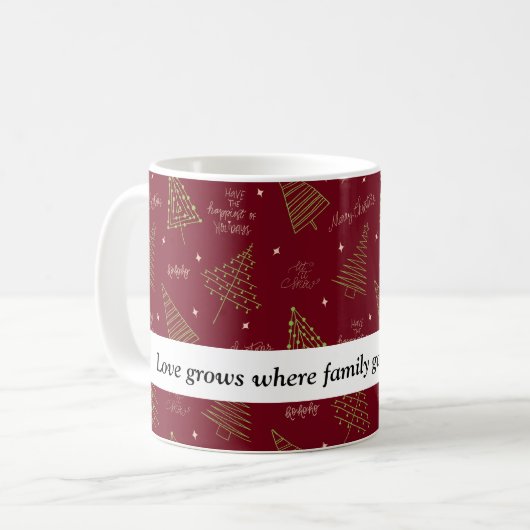 Moderne kerstbomen in groen op rood met Quote Koffiemok (Voorkant links)