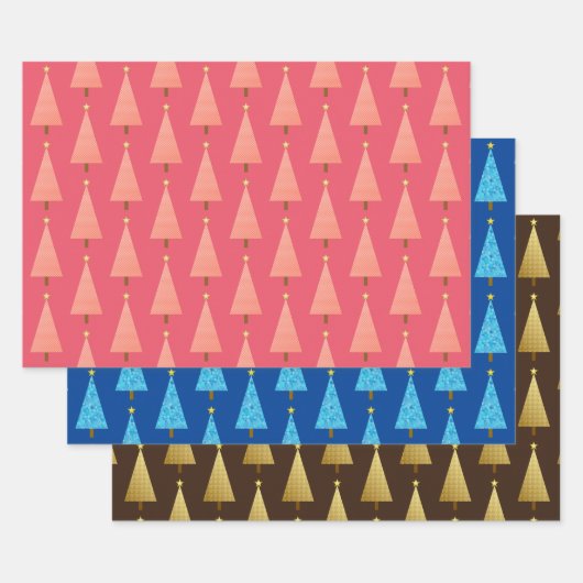 Moderne kerstbomen, koraal, blauw, bruin wikkelen inpakpapier vel (Set)
