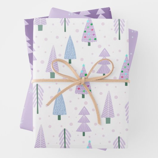 Moderne kerstbomen lavendelpatroon inpakpapier vel (In situ)