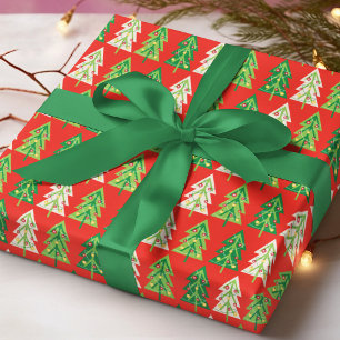 Moderne Kerstbomen Lichten Rood Patroon Cadeaupapier