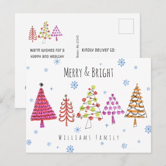 Moderne kerstbomen, Merry & Bright Feestdagenkaart (Voorkant / Achterkant)