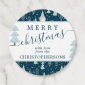 Moderne kerstbomen MERRY CHRISTMAS Script Blue Bedankjes Labels (Voorkant)