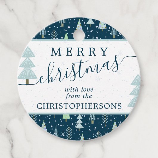 Moderne kerstbomen MERRY CHRISTMAS Script Blue Bedankjes Labels (Voorkant)