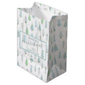Moderne kerstbomen MERRY CHRISTMAS Script Blue Medium Cadeauzakje (Voorkant Gekanteld)