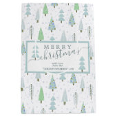 Moderne kerstbomen MERRY CHRISTMAS Script Blue Medium Cadeauzakje (Voorkant)