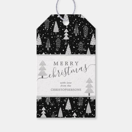 Moderne kerstbomen MERRY CHRISTMAS Script Cadeaulabel (Voorkant)
