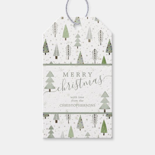 Moderne kerstbomen MERRY CHRISTMAS Script Cadeaulabel (Voorkant)