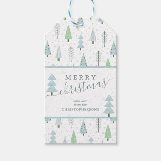 Moderne kerstbomen MERRY CHRISTMAS Script Cadeaulabel (Voorkant)