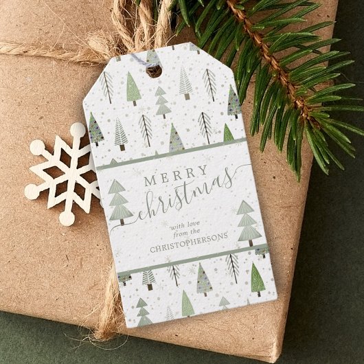 Moderne kerstbomen MERRY CHRISTMAS Script Cadeaulabel