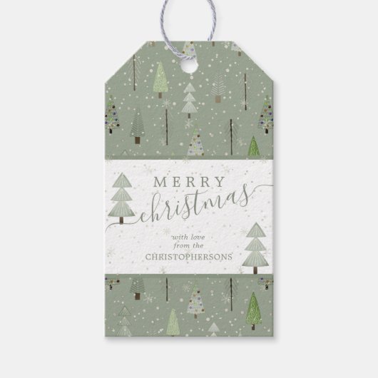Moderne kerstbomen MERRY CHRISTMAS Script Cadeaulabel (Voorkant)