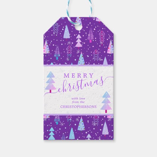 Moderne kerstbomen MERRY CHRISTMAS Script Cadeaulabel (Voorkant)
