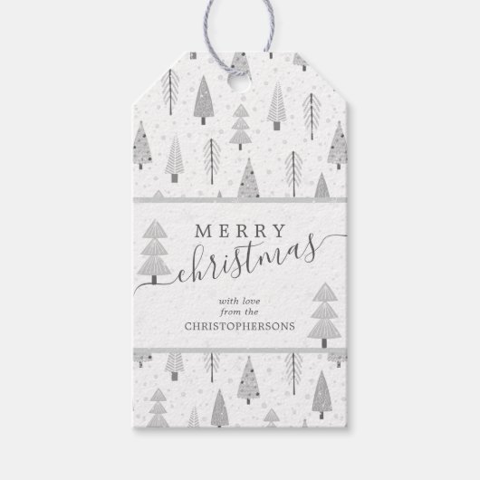 Moderne kerstbomen MERRY CHRISTMAS Script Cadeaulabel (Voorkant)