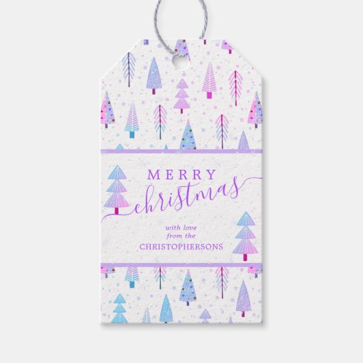 Moderne kerstbomen MERRY CHRISTMAS Script Cadeaulabel (Voorkant)