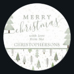 Moderne kerstbomen MERRY CHRISTMAS Script Ronde Sticker<br><div class="desc">Moderne abstracte kerstbomen en bosbomen en wintersneeuwpatronen in tinten van olijf- en salie groen met de begroeting MERRY CHRISTMAS en gepersonaliseerd met jouw naam of aangepaste tekst. Neem contact op met de ontwerper via Zazzle Chat of makeitaboutyoustore@gmail.com als u dit ontwerp wilt aanpassen, op een ander product of als u...</div>