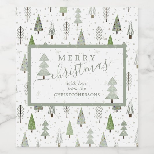 Moderne kerstbomen MERRY CHRISTMAS Script Wijn Etiket (Enkel label)