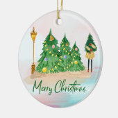 Moderne kerstbomen met Waterverf en groene bomen Keramisch Ornament (Links)