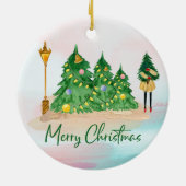 Moderne kerstbomen met Waterverf en groene bomen Keramisch Ornament (Achterkant)