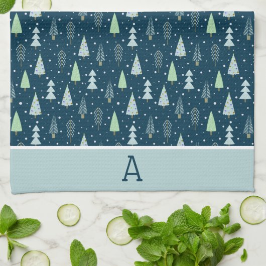 Moderne kerstbomen Monogram Blue Green Theedoek (Gevouwen)