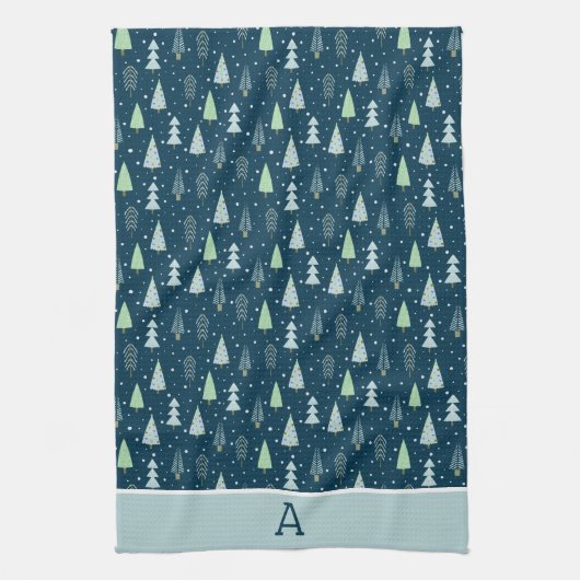 Moderne kerstbomen Monogram Blue Green Theedoek (Verticaal)
